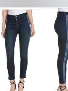Veronica Beard Dark Blue High-Rise Skinny Jeans Debbie Fray with Side Stripe